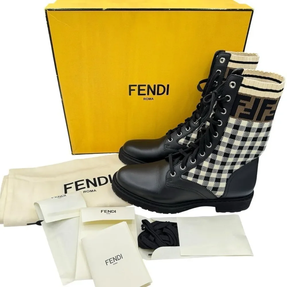 Fendi Rockoko Knit Leather Logo Biker Vitello Combat Boots Size 8.5 - Picture 12 of 12